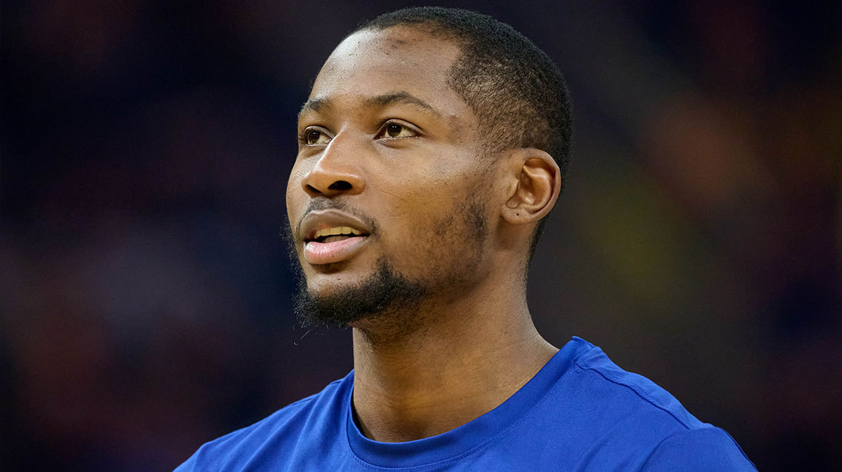 Golden State Warriors forward Jonathan Kuminga (00) looks on during warmups before the game against the LA Clippers at Chase Center.