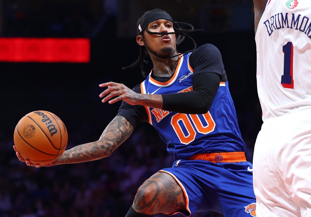 Jordan Clarkson, who scored seven points, drives to the basket during the Knicks' 113-104 preseason win over the 76ers on Oct. 4, 2025.