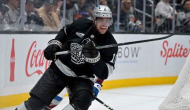 Los Angeles Kings forward Anze Kopitar (11) skates against the Edmonton Oilers in game five of the first round of the 2023 Stanley Cup Playoffs at Rogers Place.