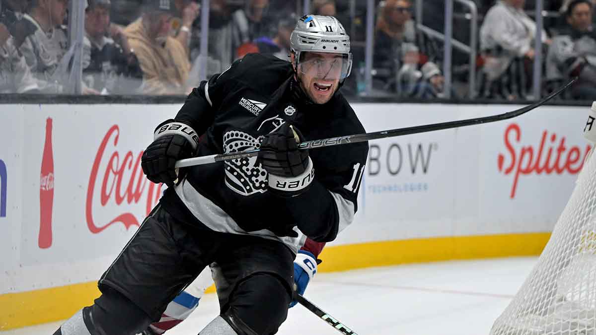 Los Angeles Kings forward Anze Kopitar (11) skates against the Edmonton Oilers in game five of the first round of the 2023 Stanley Cup Playoffs at Rogers Place.