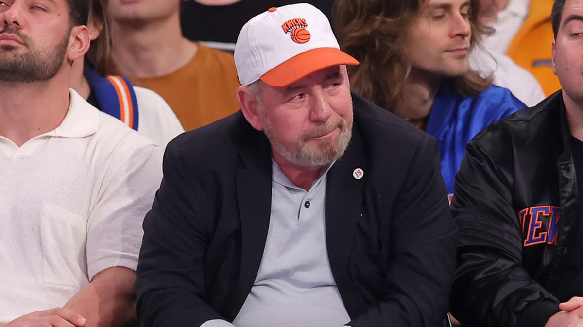 New York Knicks executive chairman James Dolan sits court side during the first quarter of game seven of the second round of the 2024 NBA playoffs against the Indiana Pacers at Madison Square Garden.