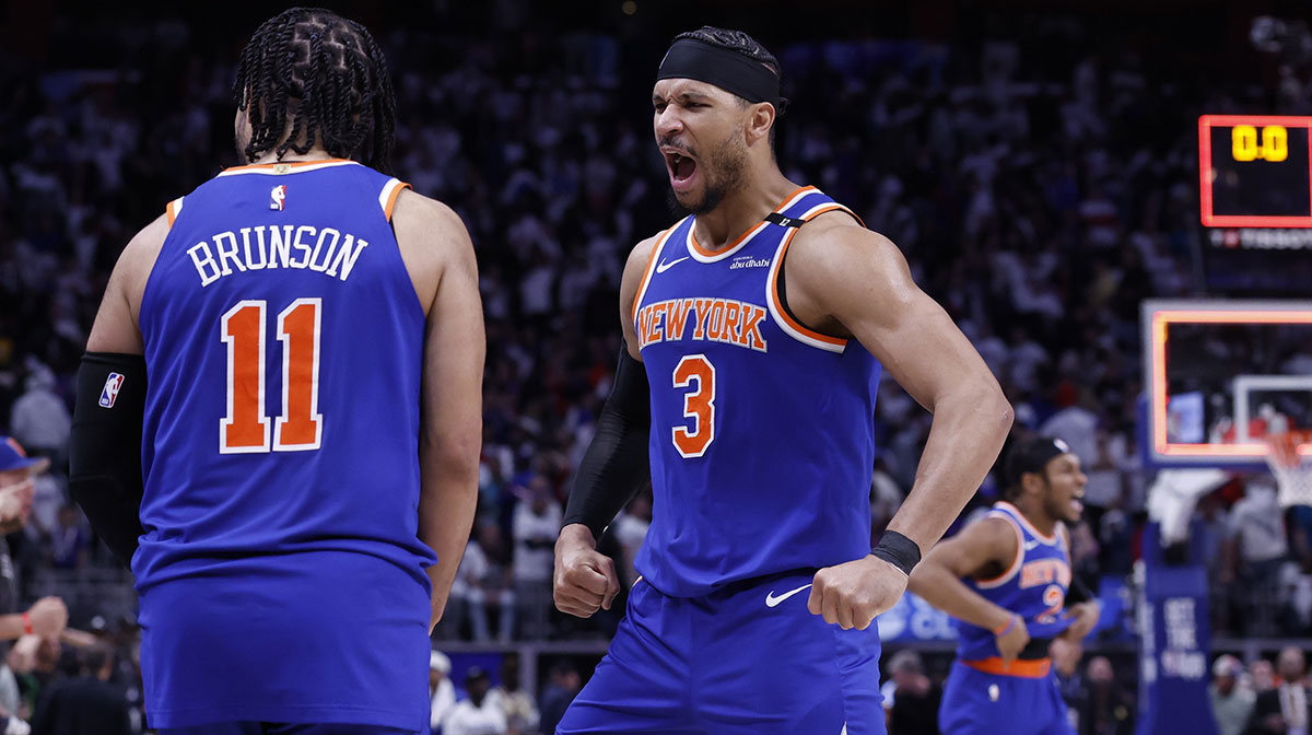 New York Knicks guard Jalen Brunson (11) and guard Josh Hart (3) celebrate after defeating the Detroit Pistons during game six of first round for the 2024 NBA Playoffs at Little Caesars Arena.