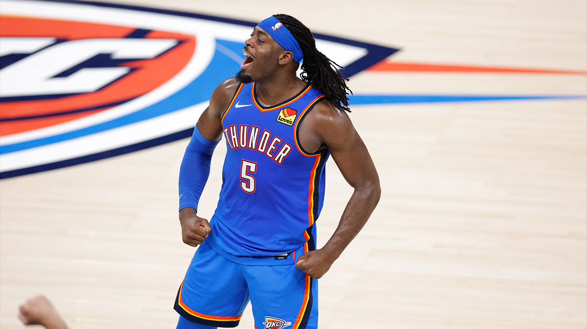 Oklahoma City Thunder guard Luguentz Dort (5) celebrates after a play against the Indiana Pacers during the second half during game seven of the 2025 NBA Finals at Paycom Center.