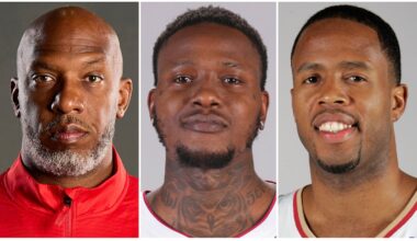 From left, Portland Trail Blazers head coach Chauncey Billups, Miami Heat guard Terry Rozier, and former Cleveland Cavaliers assistant Damon Jones.