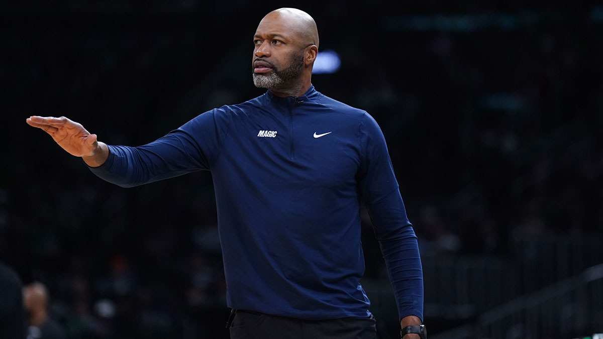 Orlando Magic head coach Jamahl Mosley watches from the sideline as they take on the Boston Celtics during game five of first round for the 2025 NBA Playoffs at TD Garden. 