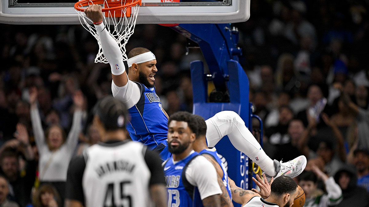 Dallas Mavericks center Daniel Gafford (21) dunks the ball against the Brooklyn Nets during the second half at the American Airlines Center.