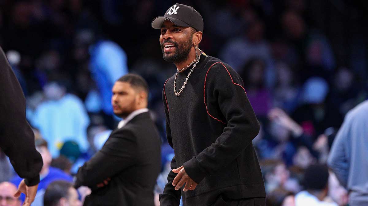 Mavericks guard Kyrie Irving injury looks on during the first quarter against the Brooklyn Nets at Barclays Center
