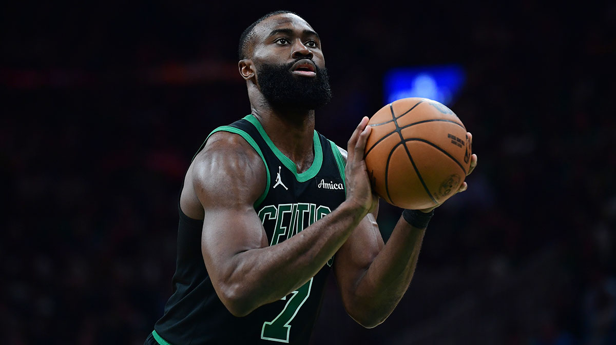 Boston Celtics guard Jaylen Brown (7) shoots a free throw in the second half during game five of the second round for the 2025 NBA Playoffs against the New York Knicks at TD Garden. Mandatory Credit: Bob DeChiara-Imagn Images
