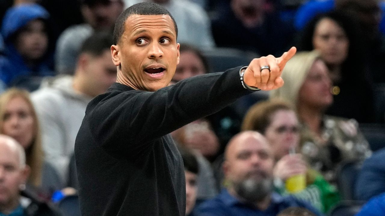 Boston Celtics head coach Joe Mazzulla directs his players on the court during the first half of an NBA basketball game against the Orlando Magic, Monday, Jan. 23, 2023, in Orlando, Fla. (AP Photo/John Raoux)