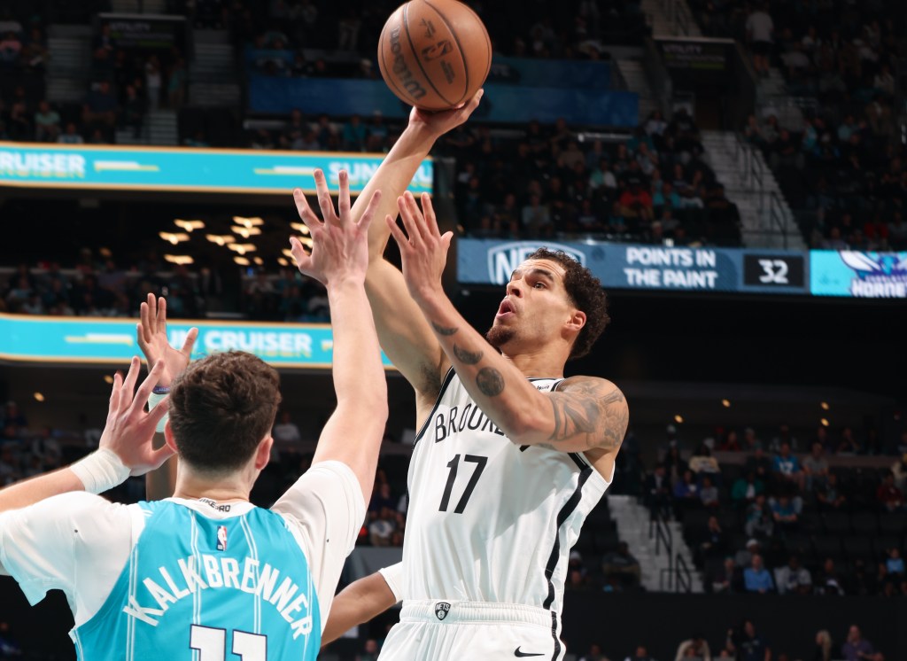 Michael Porter Jr. shoots a floater during the Nets' 136-117 blowout road loss to the Hornets on Oct. 22, 2025. 