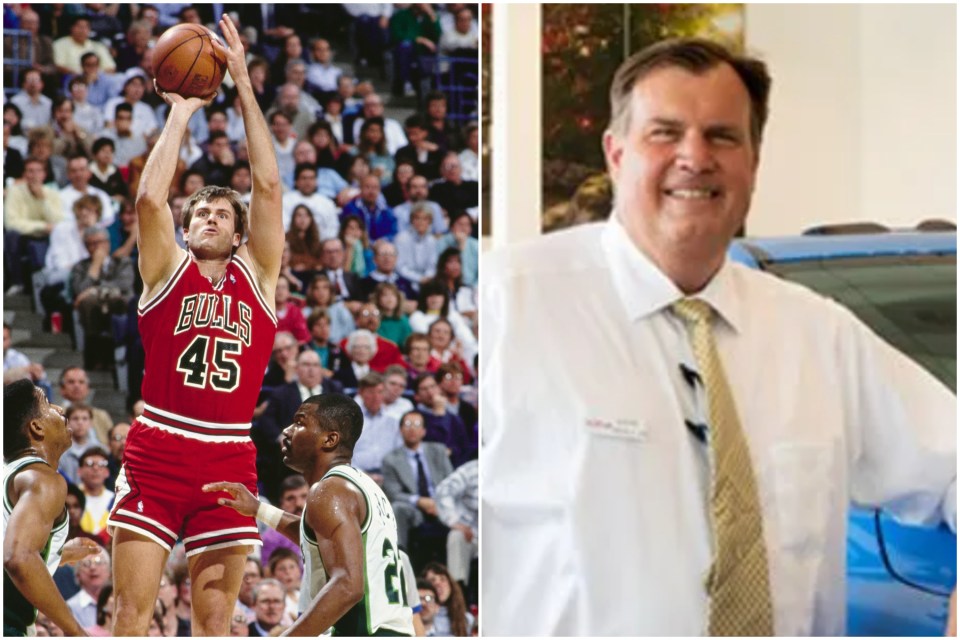 A spilt image of Ed Nealy taking a jump shot at the Chicago Bulls and of him wearing his salesman uniform