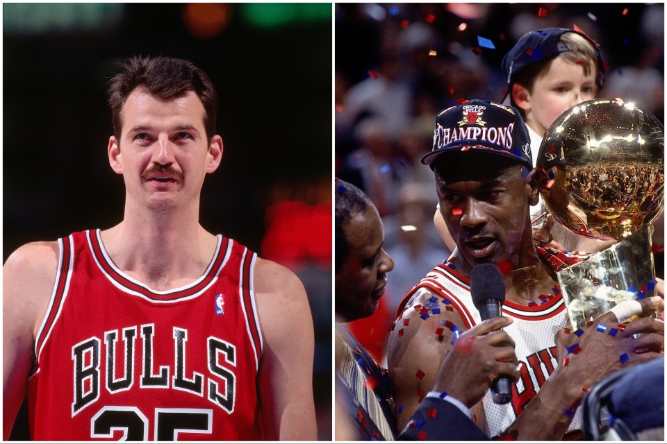 A side-by-side image of Chuck Nevitt in Chicago Bulls uniform and Michael Jordan holding the NBA championship trophy