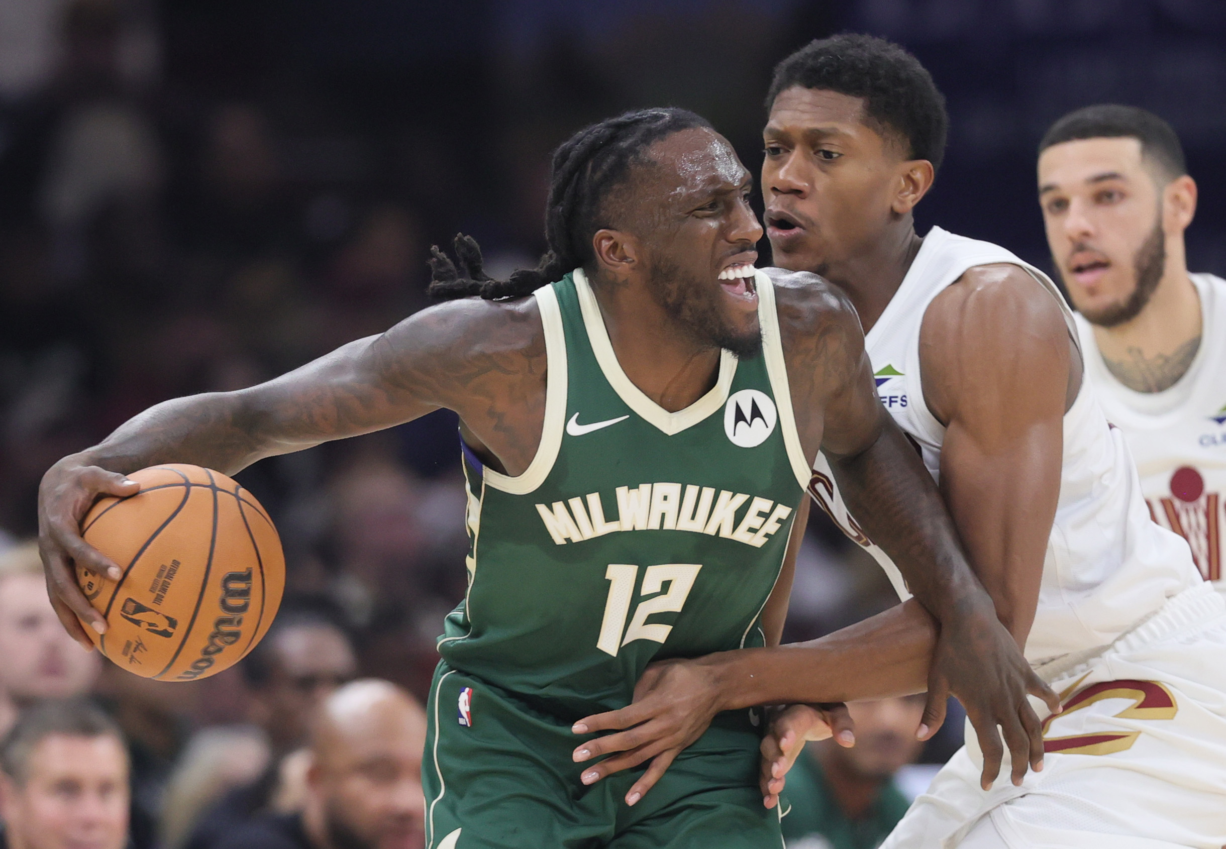 Cleveland Cavaliers forward De'Andre Hunter guards Milwaukee Bucks forward Taurean Prince on his dribble in the first half at Rocket Arena. 