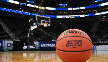 The 2025 NCAA March Madness Basketball tournament featuring a basketball on a court before a game
