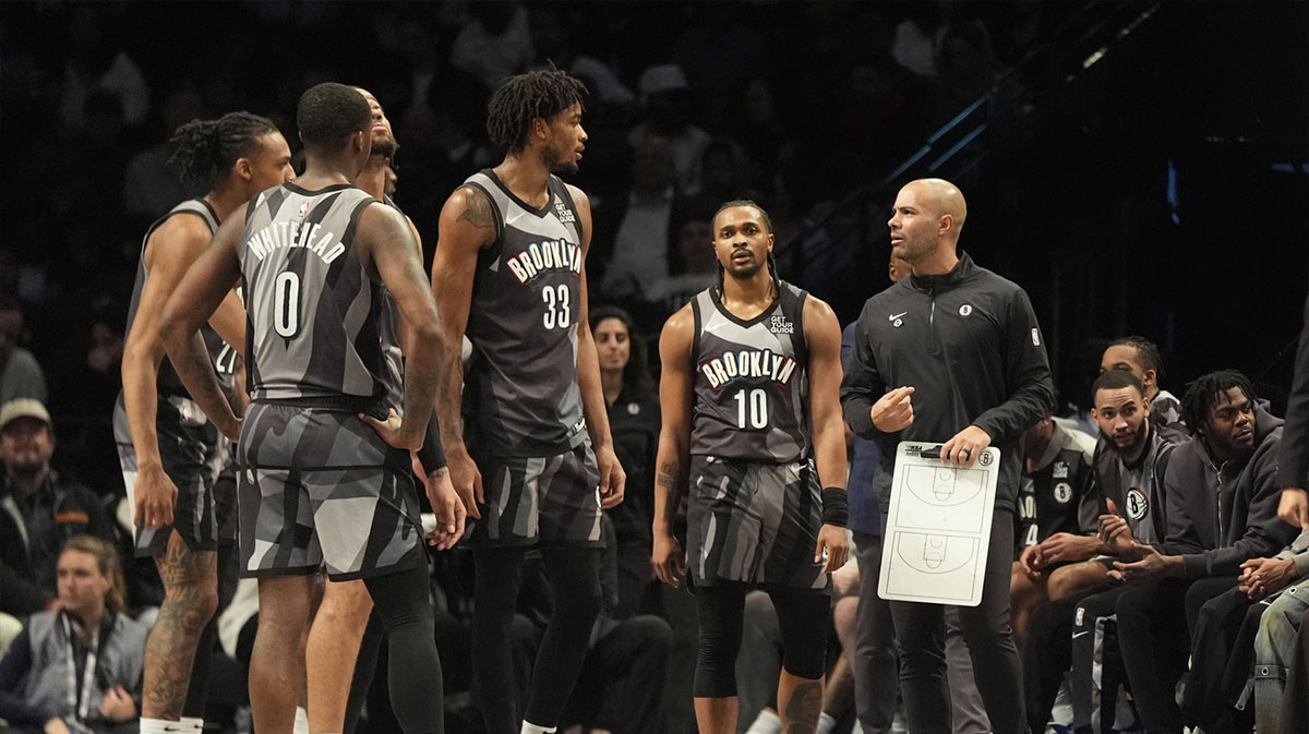 Brooklyn Nets head coach Jordi Fernandez speaks to his players at a break in the action during the first half against the Minnesota Timberwolves at Barclays Center.