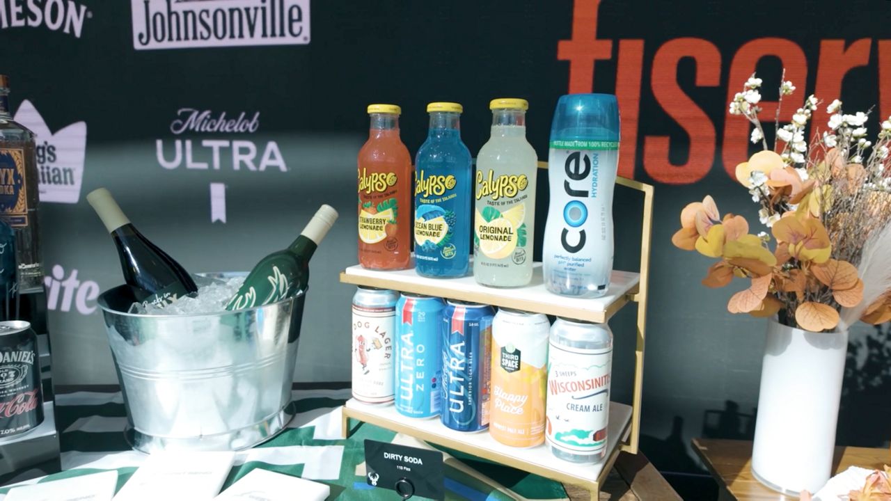 Photo of a display of the new beverages available at the Fiserv Forum for the upcoming Bucks season.