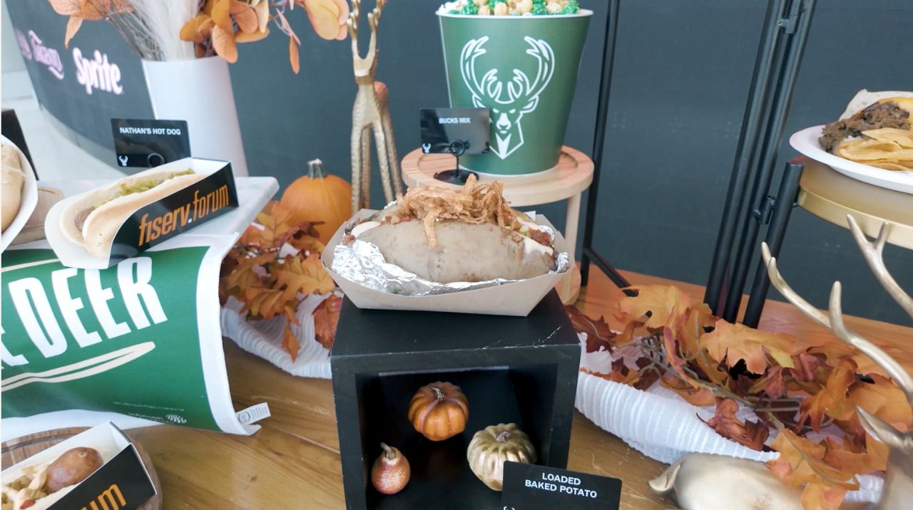 Photo features the different food options being made available for the upcoming Bucks season. Including sandwiches and bakes potatoes.