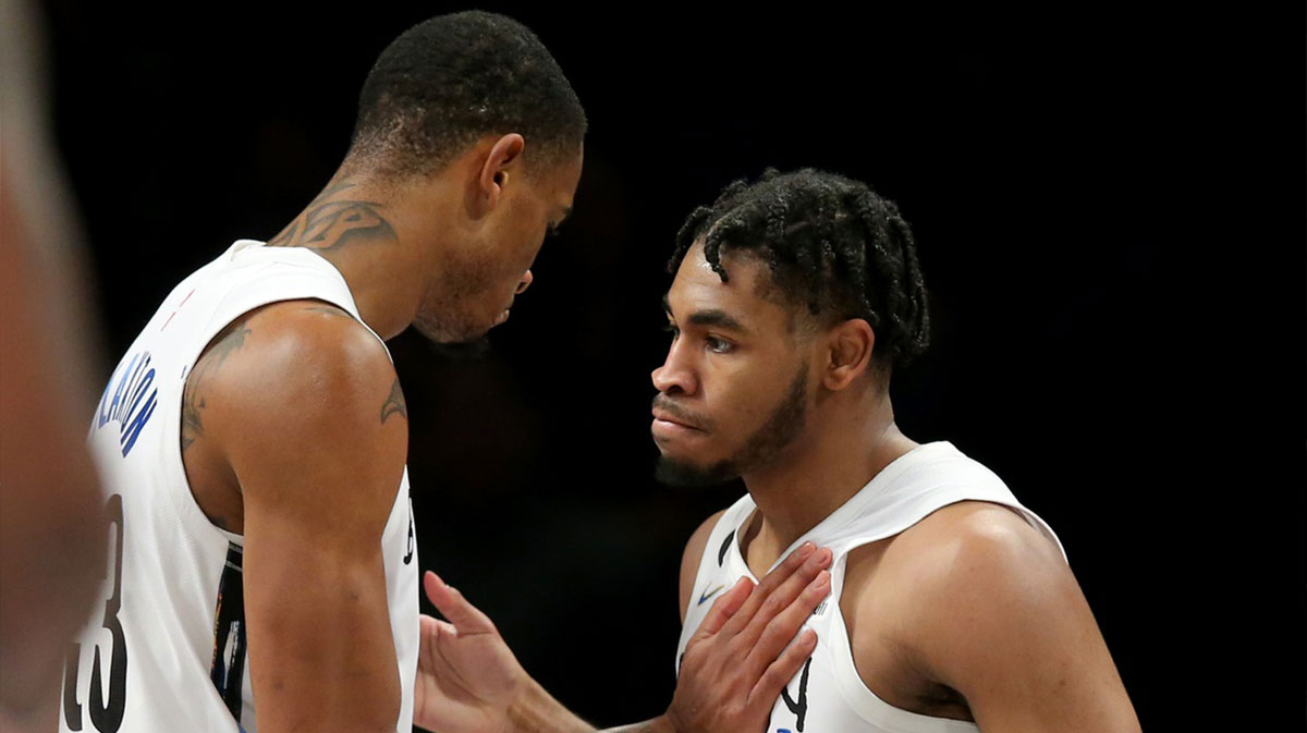 Brooklyn Nets guard Cam Thomas (24) celebrates with center Nic Claxton (33) during the third quarter against the Washington Wizards at Barclays Center.