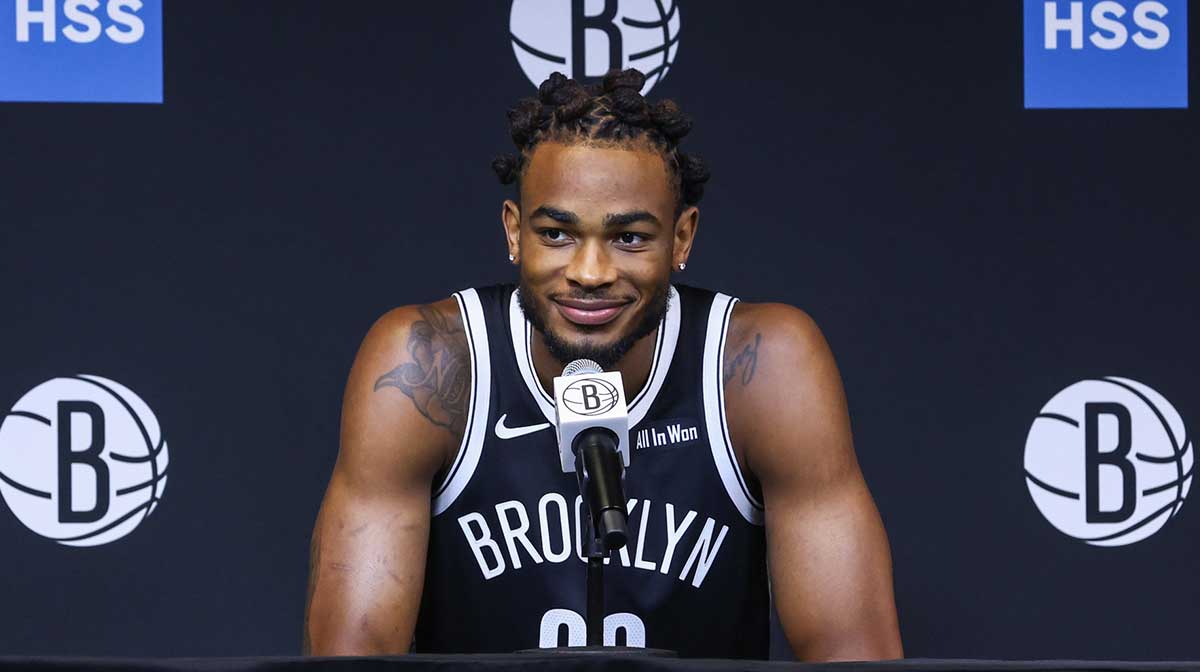 Brooklyn Nets center Nic Claxton (33) speaks at Media Day.