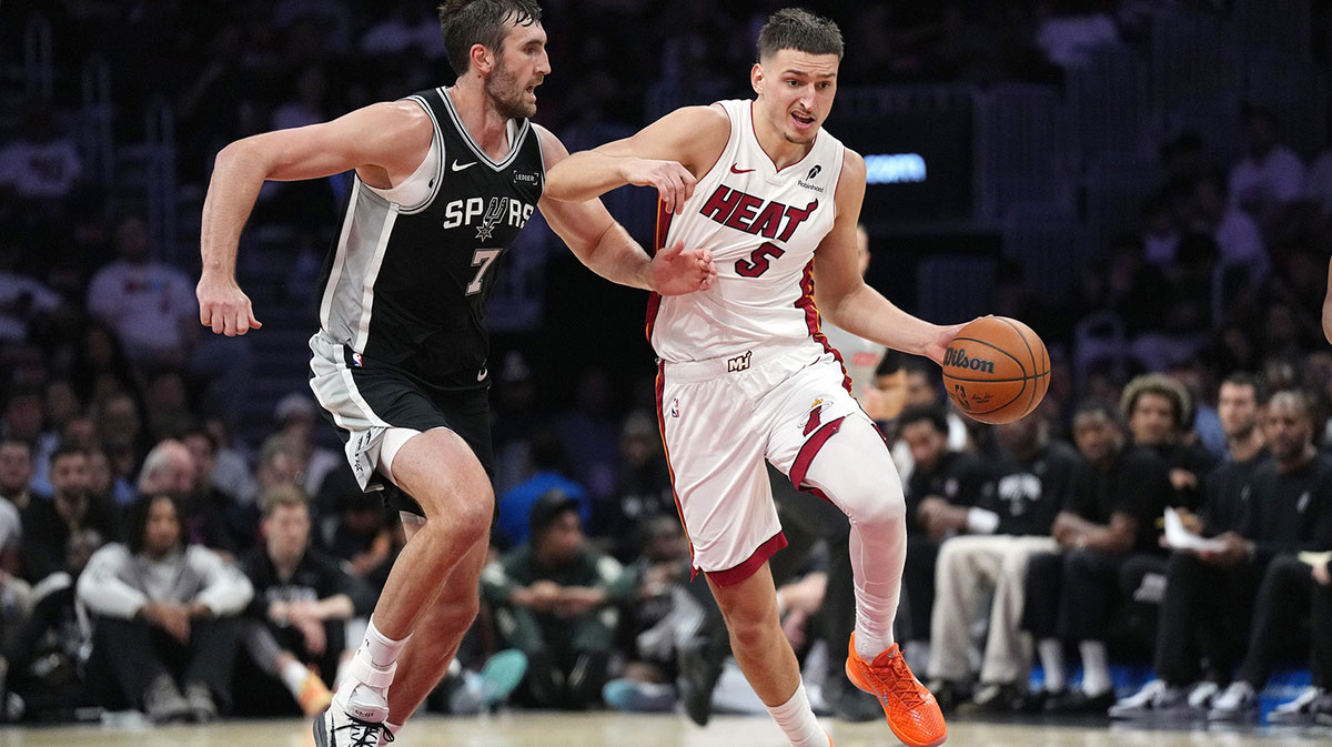 Miami Heat forward Nikola Jovic (5) drives to the basket as San Antonio Spurs forward Luke Kornet (7) defends during the first half at Kaseya Center.