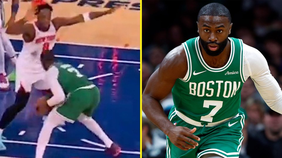 A twin image of Jaylen Brown driving towards Og Anunoby and another picture of Jaylen Brown