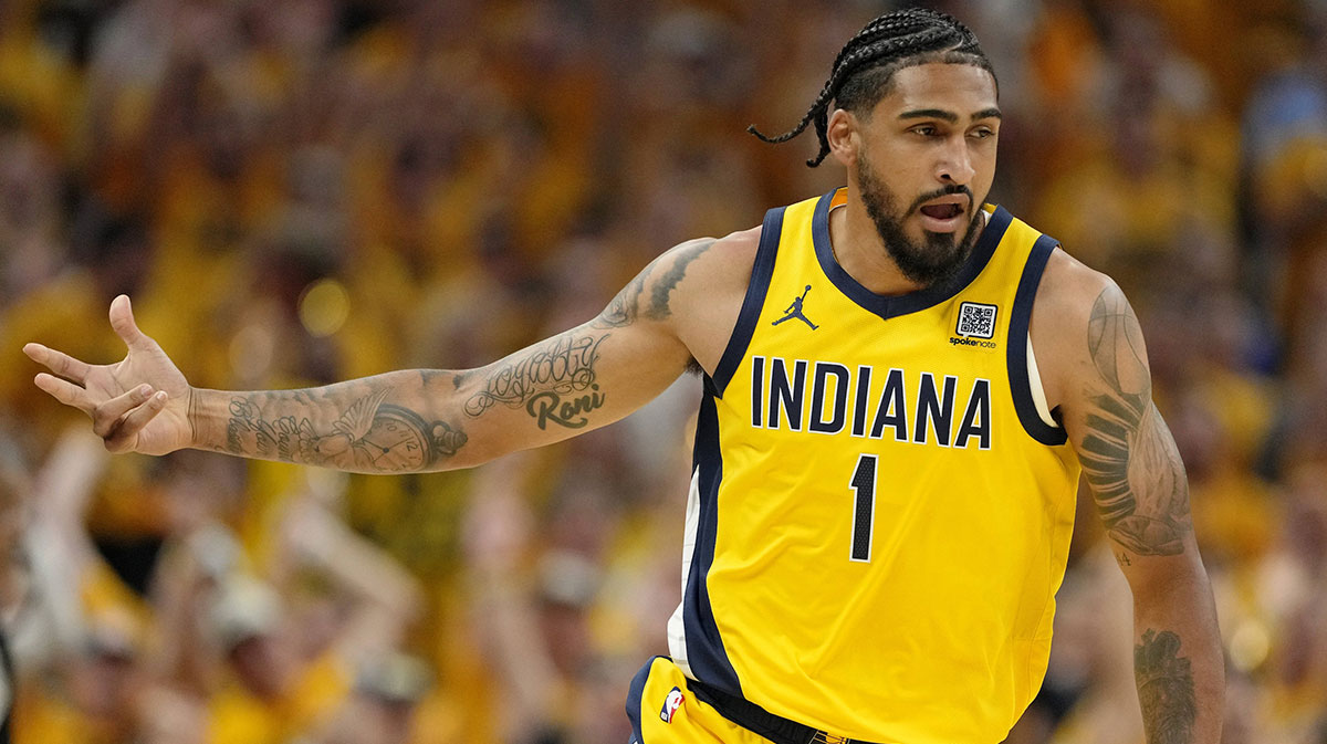 Indiana Pacers forward Obi Toppin (1) reacts after a play against the Oklahoma City Thunder during the first half of game six of the 2025 NBA Finals between the Oklahoma City Thunder and the Indiana Pacers at Gainbridge Fieldhouse.