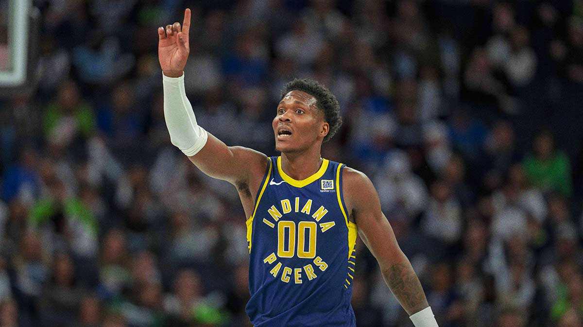 Indiana Pacers guard Bennedict Mathurin (00) reacts to a foul called against the Minnesota Timberwolves in the first half at Target Center.