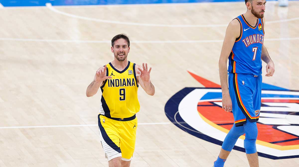 Indiana Pacers guard T.J. McConnell (9) reacts during the first half of game seven of the 2025 NBA Finals against the Oklahoma City Thunder at Paycom Center.