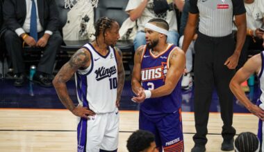 Phoenix Suns forward Dillon Brooks talks to Sacramento Kings forward Demar DeRozan (Jeremy Schnell/...