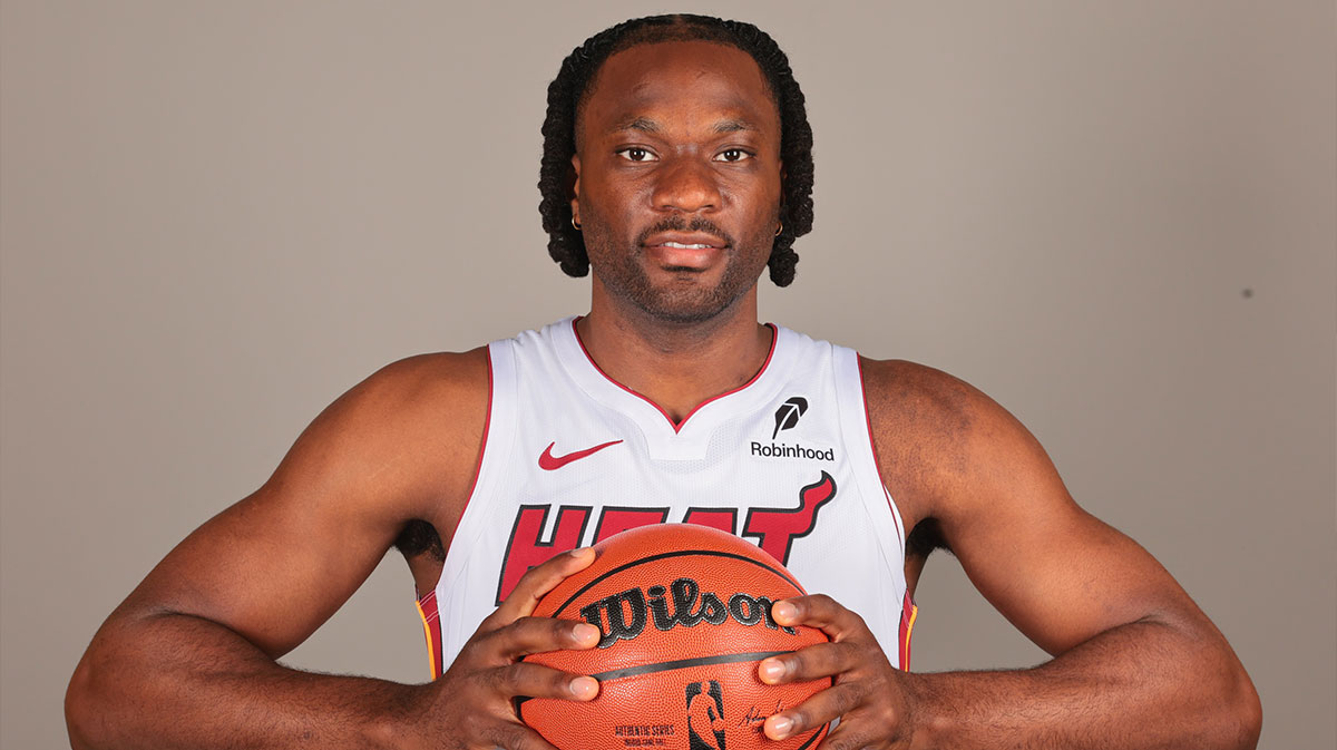 Miami Heat forward Precious Achiuwa (8) poses for a photo during media day at Kaseya Center. 