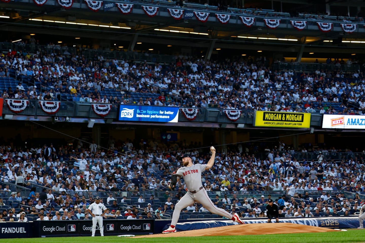 Boston Red Sox starting pitcher Garrett Crochet delivers during the first inning of Game 1 of the Wild Card playoff series at Yankee Stadium on Sept. 30, 2025.