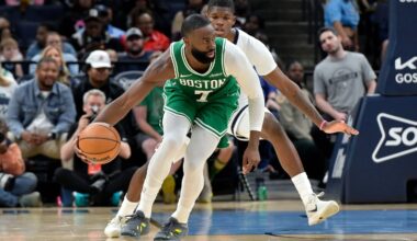 Boston Celtics guard Jaylen Brown (7) handles the ball against Memphis Grizzlies guard Cedric Coward (23) in the first half of an NBA basketball preseason game Wednesday, Oct. 8, 2025, in Memphis, Tenn.
