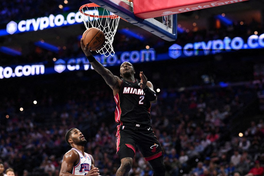 Miami Heat guard Terry Rozier III (2) drives to shoot against the Philadelphia 76ers in the second quarter at Wells Fargo Center. 