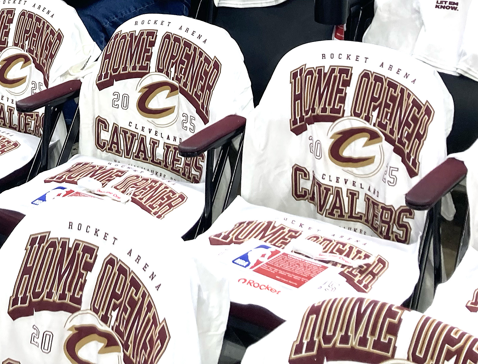 Cleveland Cavaliers’ draped home opener T-Shirts on all the seats for tonight’s game against the Milwaukee Bucks at Rocket Arena. 