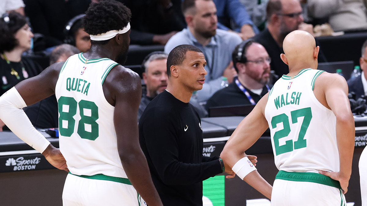 Boston Celtics head coach Joe Mazzulla reacts during the first half against the Toronto Raptors at TD Garden.