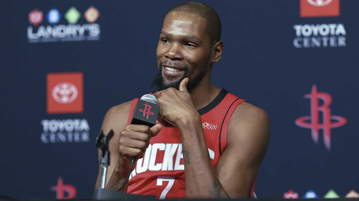Rockets forward Kevin Durant (7) talks to media during Houston Rockets media day at Toyota Center