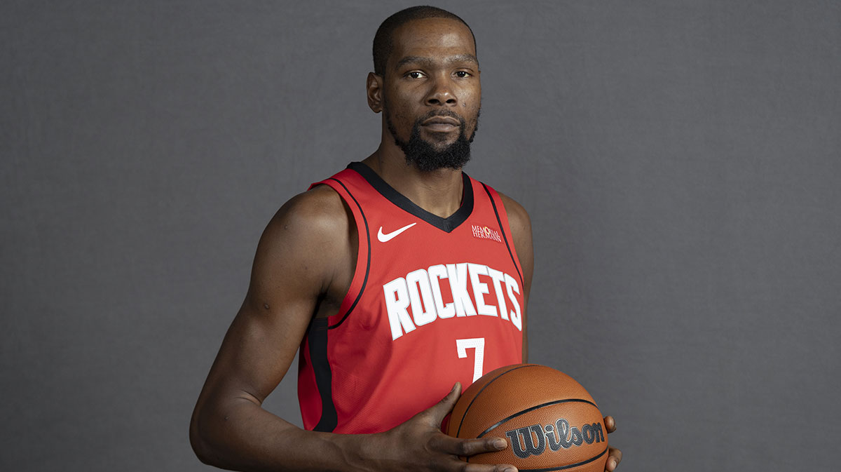 Houston Rockets forward Kevin Durant (7) poses for a picture during Houston Rockets media day at Toyota Center.