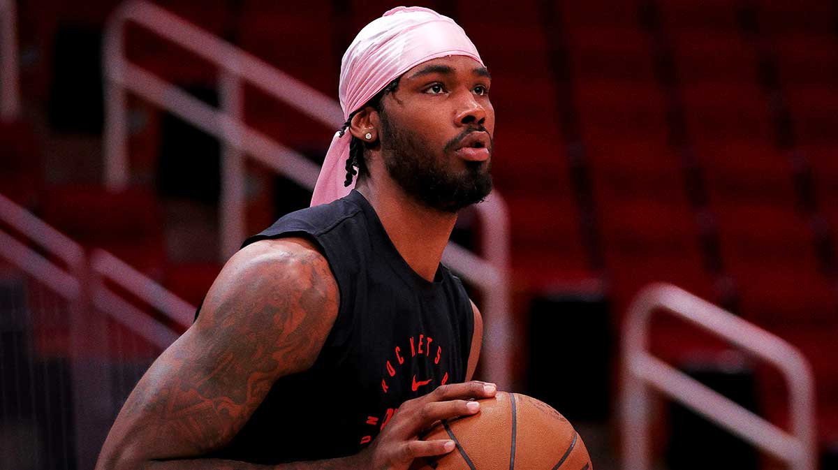 Houston Rockets forward Tari Eason (17) warms up prior to the game against the Oklahoma City Thunder at Toyota Center.