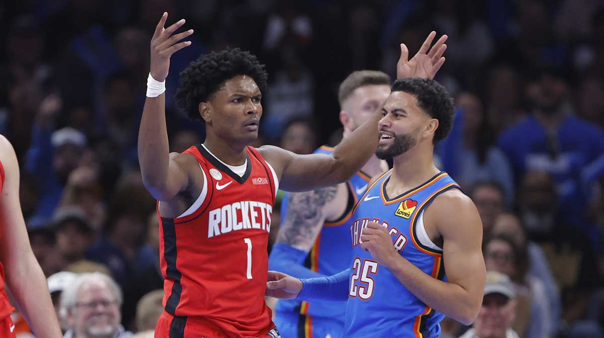 Rockets guard Amen Thompson (1) reacts after a play against the Oklahoma City Thunder during the first half at Paycom Center