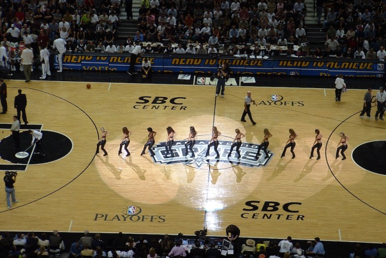 A Spurs game transpires at the SBC Center, the arena since renamed Frost Bank Center.