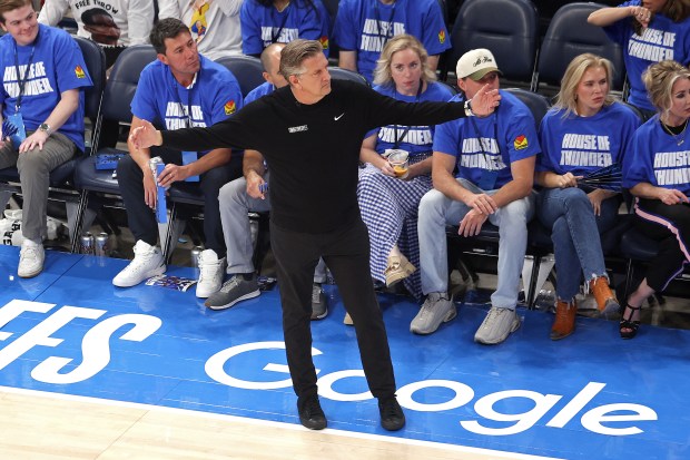 Timberwolves head coach Chris Finch reacts against the Oklahoma City Thunder during the first quarter in Game Five of the Western Conference Finals of the 2025 NBA Playoffs at Paycom Center on May 28, 2025 in Oklahoma City. (William Purnell / Getty Images)