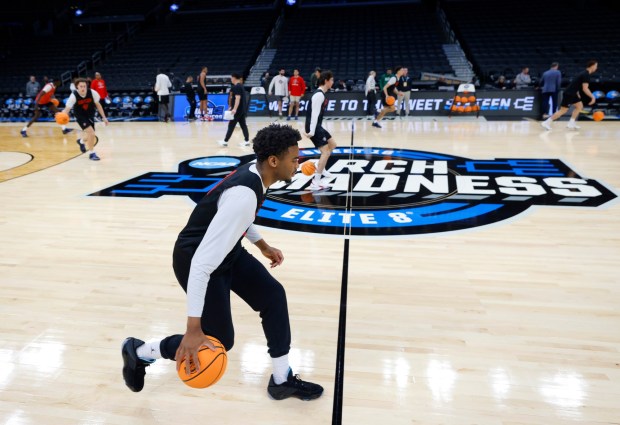 SDSU's Reese Waters practices for a Sweet 16 game against UConn at the TD Garden in Boston last March. (K.C. Alfred / The San Diego Union-Tribune)