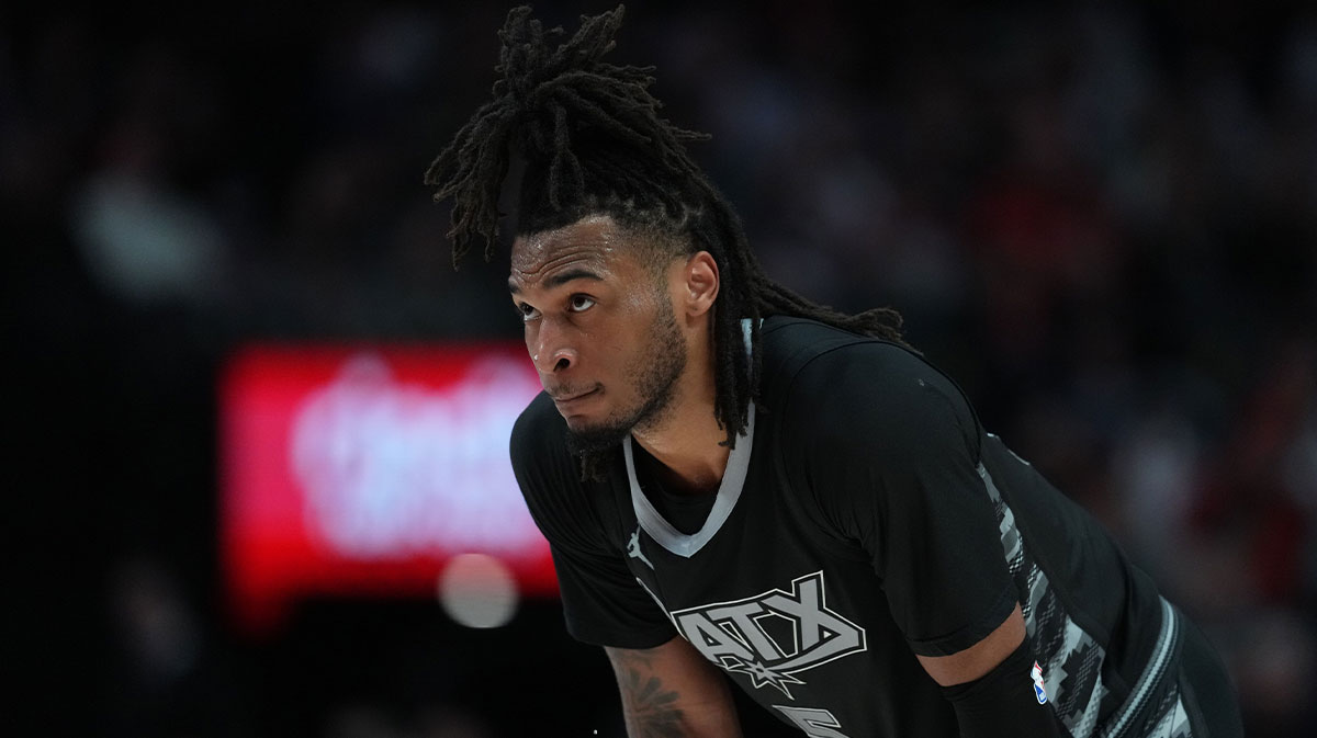 San Antonio Spurs guard Stephon Castle (5) looks on during the second half against the Portland Trail Blazers at Moda Center.