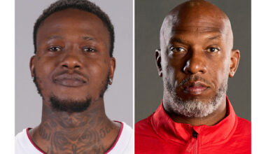 FILE - This photo combo shows from left, Miami Heat guard Terry Rozier and Portland Trail Blazers h...