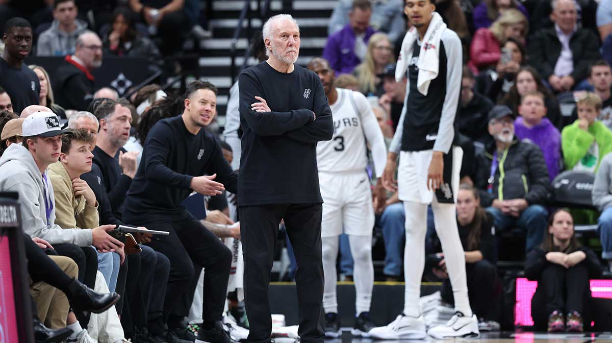 San Antonio Spurs head coach Gregg Popovich watches play against the Utah Jazz during the fourth quarter at Delta Center.