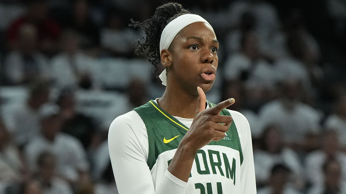Seattle Storm center Dominique Malonga (14) gestures to a teammate before foul shot by the Las Vegas Aces in the second quarter during game one of round one for the 2025 WNBA Playoffs at Michelob Ultra Arena.