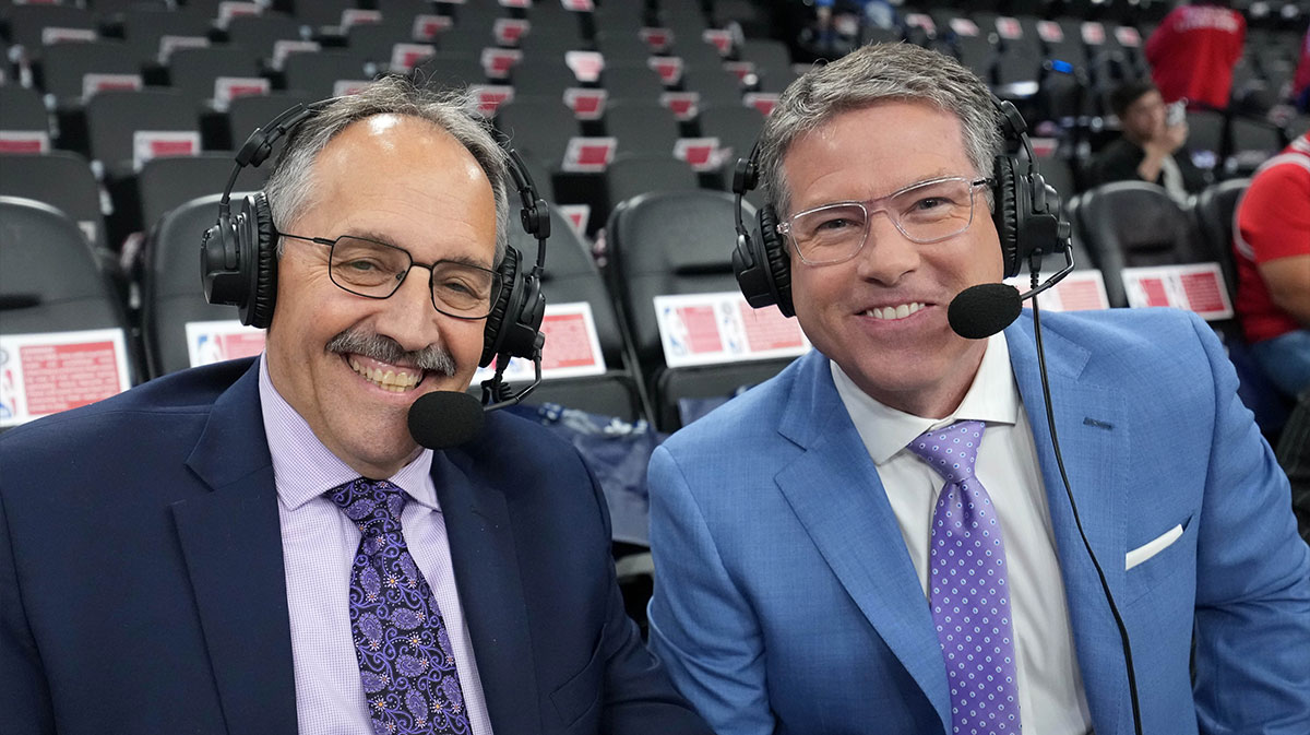 NBA on TNT analyst Stan Van Gundy (left) and play-by-play commentator Brian Anderson pose during game six of first round for the 2025 NBA Playoffs between the Denver Nuggets and the LA Clippers at Intuit Dome. 