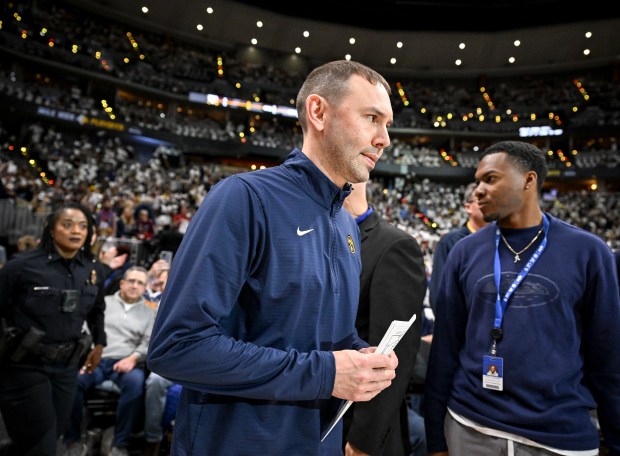 Head coach David Adelman of the Denver Nuggets takes the floor during the first quarter against the Oklahoma City Thunder at Ball Arena in Denver on Thursday, May 15, 2025. (Photo by AAron Ontiveroz/The Denver Post)