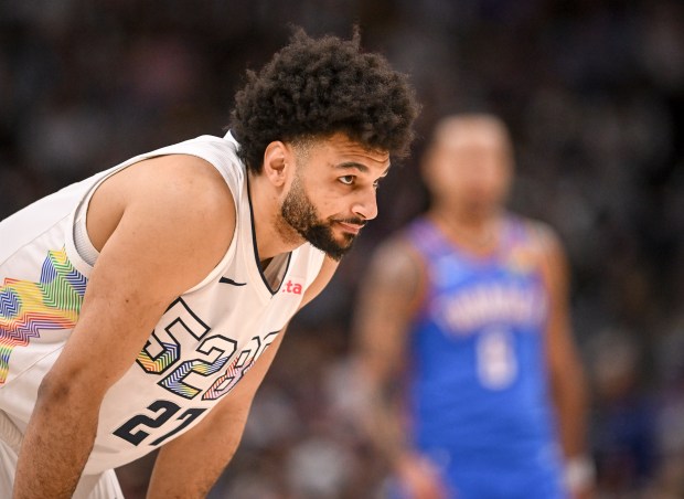 Jamal Murray (27) of the Denver Nuggets locks in during the second quarter against the Oklahoma City Thunder at Ball Arena in Denver on Thursday, May 15, 2025. (Photo by AAron Ontiveroz/The Denver Post)