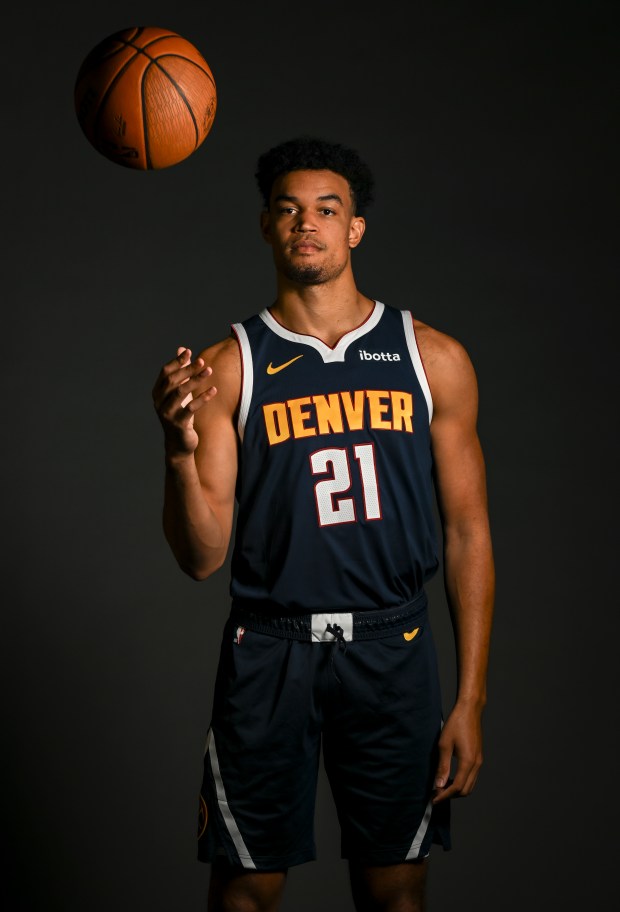 Spencer Jones (21) of the Denver Nuggets poses for a portrait during the team's media day at Ball Arena in Denver on Monday, Sept. 29, 2025. (Photo by AAron Ontiveroz/The Denver Post)
